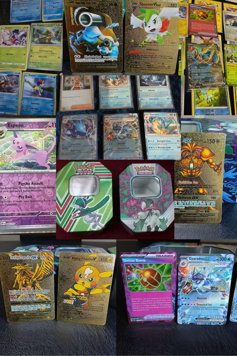 Pokemon card collection 106 cards & 2 tins & tokens (PLUS mystery pack of cards)