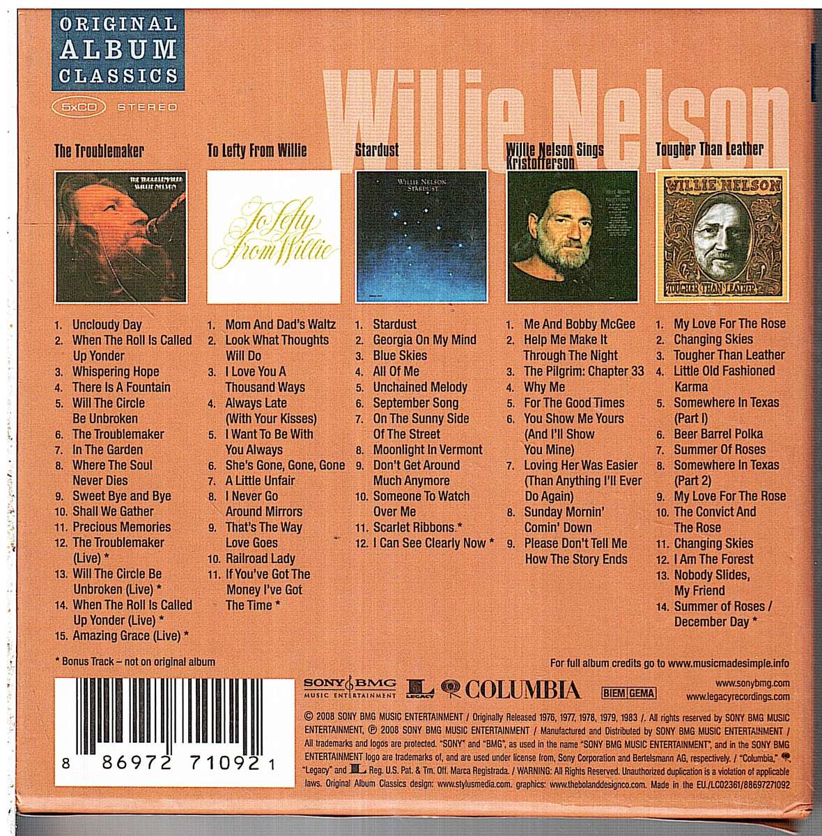 Willie Nelson  Original Album Classics 5 CD Box [Each CD in own cardboard sleeve]