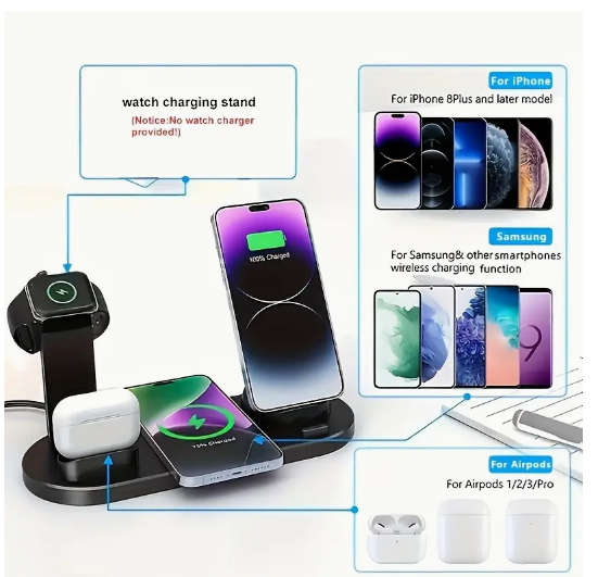 6-in-1 15W Wireless Charger for Fast Charging is Suitable for iPhone/iWatch/AirPods,