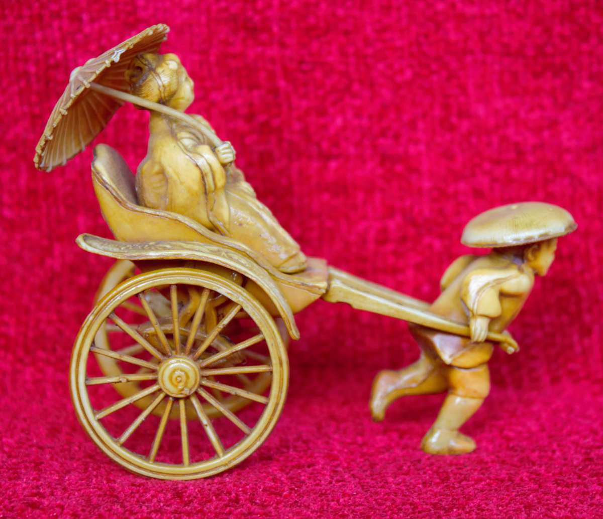 Vintage Japanese Celluloid Geisha Girl Rickshaw Figurine