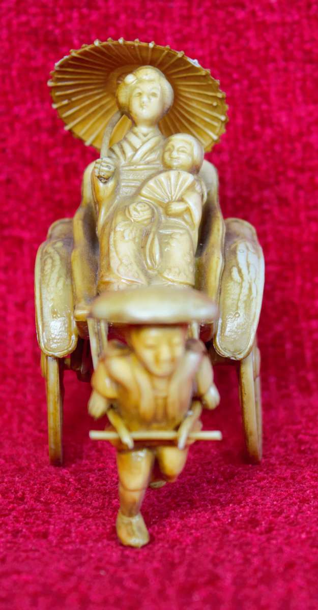 Vintage Japanese Celluloid Geisha Girl Rickshaw Figurine