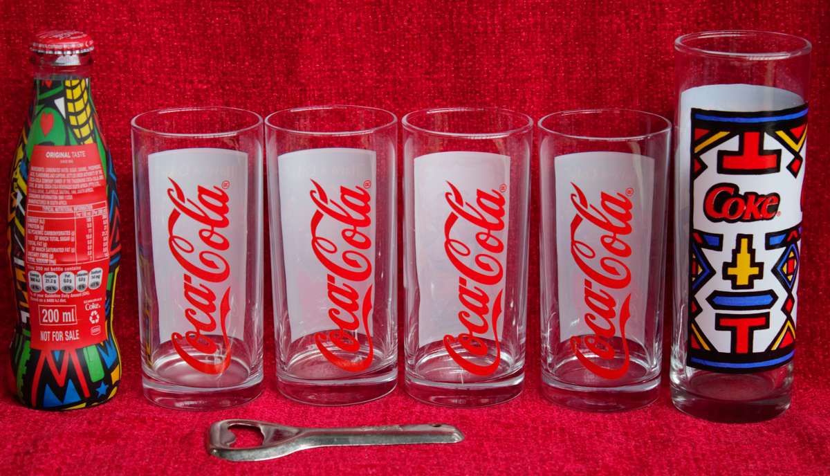 Coke Memorabilia - 5 Glasses, Bottle Opener & Sealed Bottle of Coca Cola