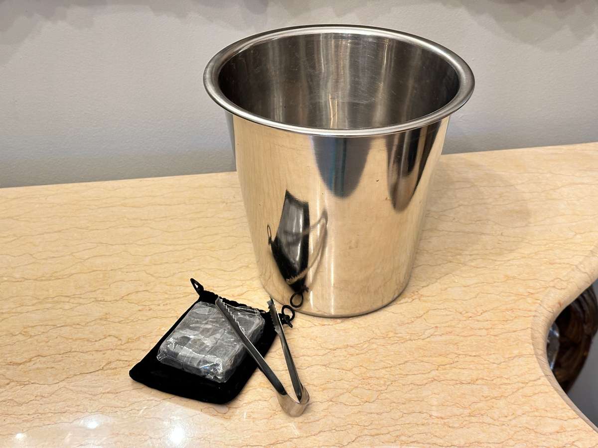 ICE BUCKET WITH WHISKEY ICE STONES & TONG SET