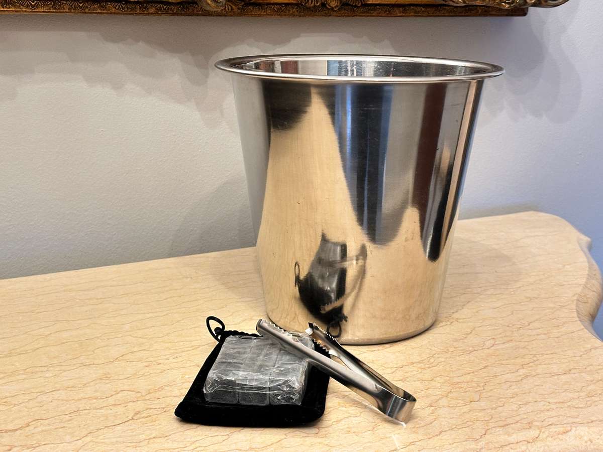 ICE BUCKET WITH WHISKEY ICE STONES & TONG SET