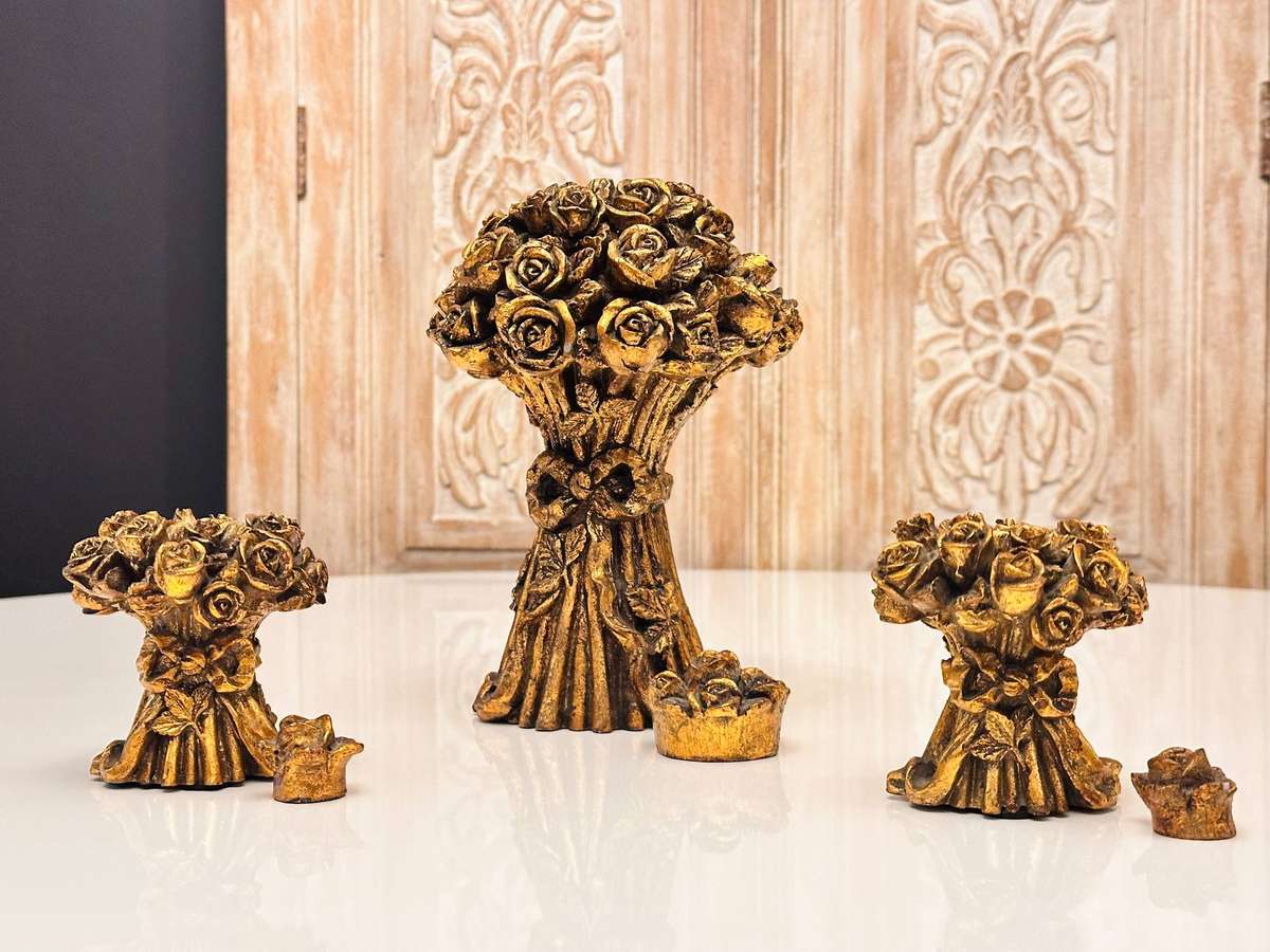 Ornate Gold Gilt Rose Bouquet Vintage Candle Holders