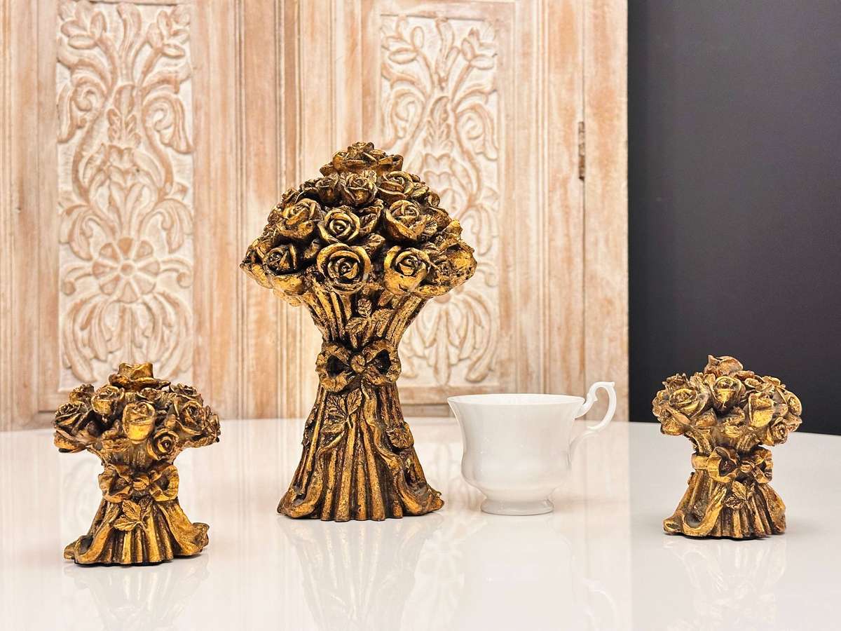Ornate Gold Gilt Rose Bouquet Vintage Candle Holders