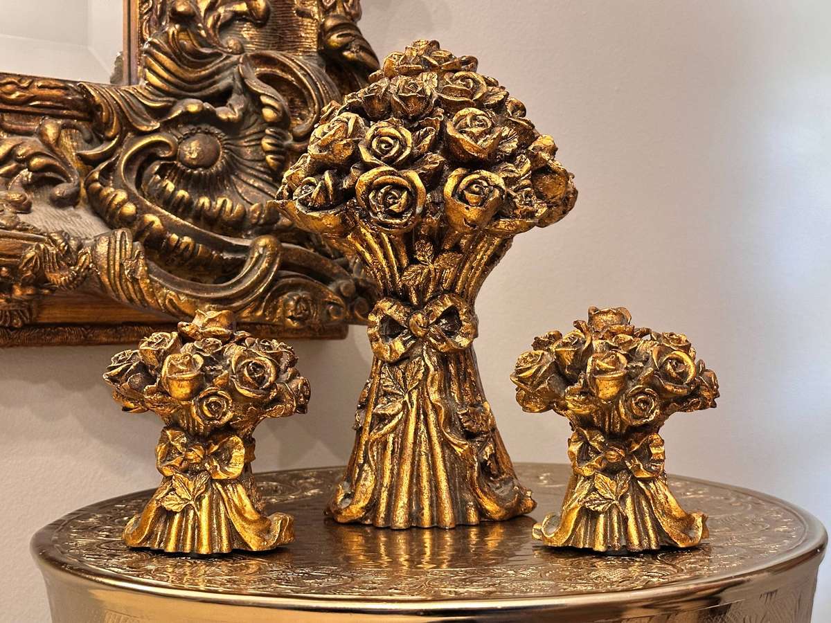 Ornate Gold Gilt Rose Bouquet Vintage Candle Holders