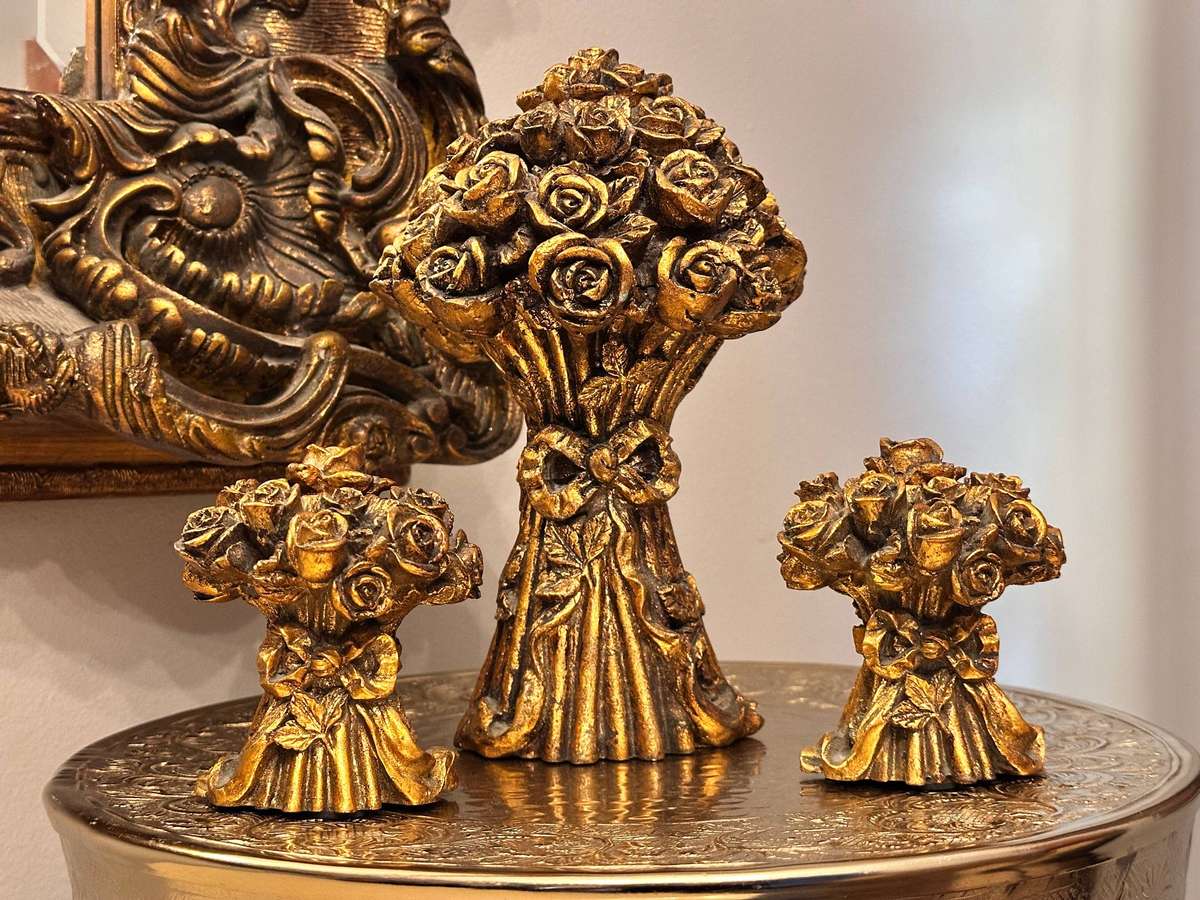 Ornate Gold Gilt Rose Bouquet Vintage Candle Holders