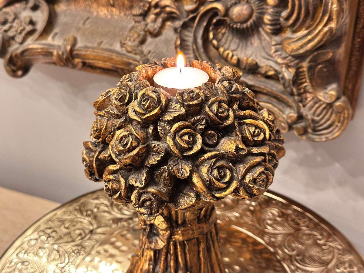 Ornate Gold Gilt Rose Bouquet Vintage Candle Holders