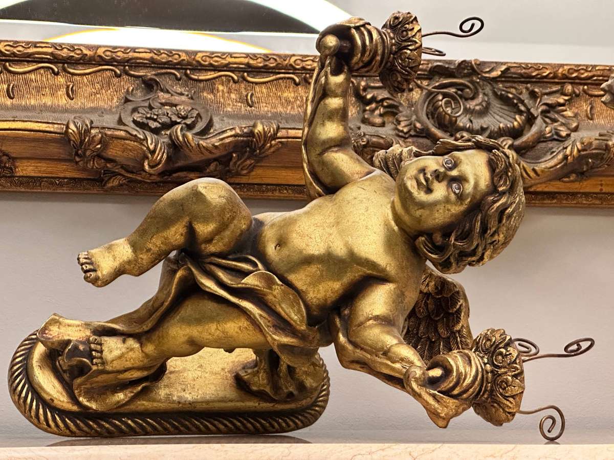 Exquisite French Gilt Vintage Large Angel Statement Candle Wall Sconces
