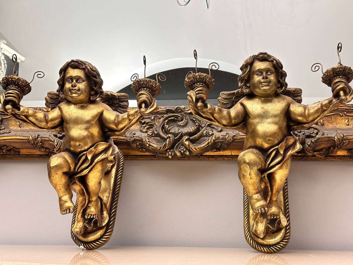 Exquisite French Gilt Vintage Large Angel Statement Candle Wall Sconces
