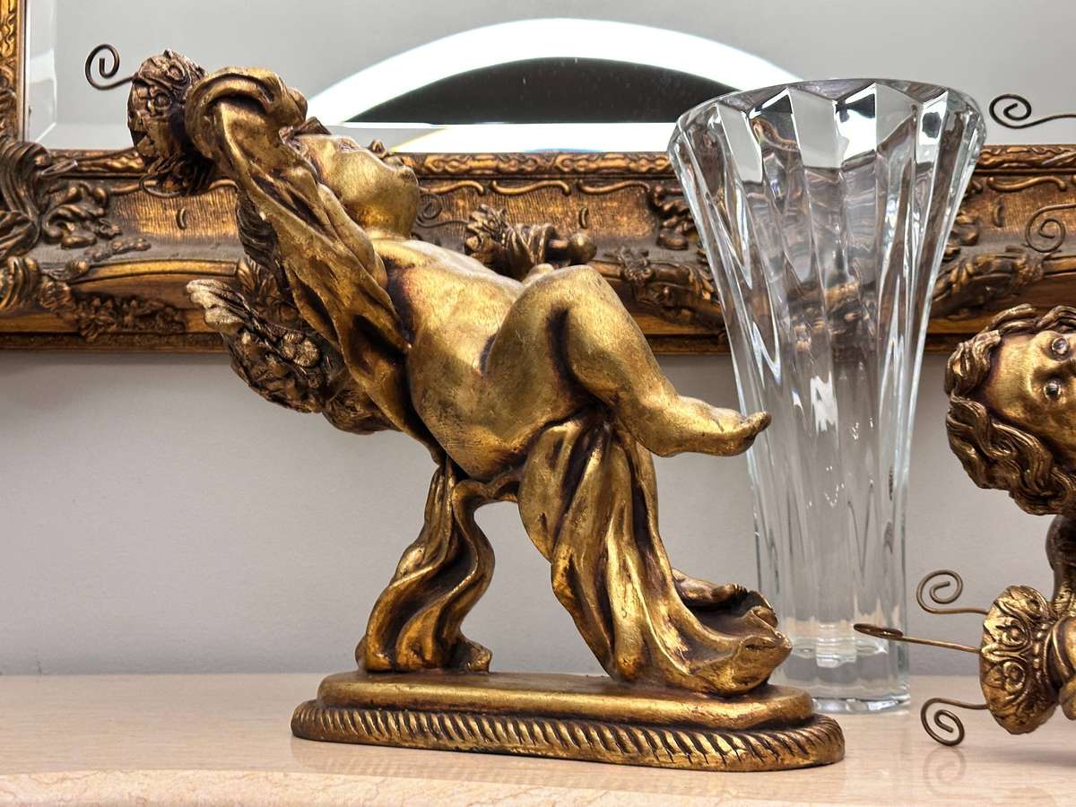 Exquisite French Gilt Vintage Large Angel Statement Candle Wall Sconces