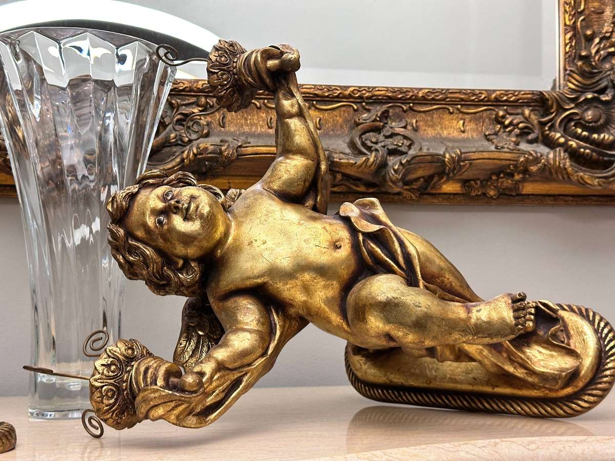 Exquisite French Gilt Vintage Large Angel Statement Candle Wall Sconces