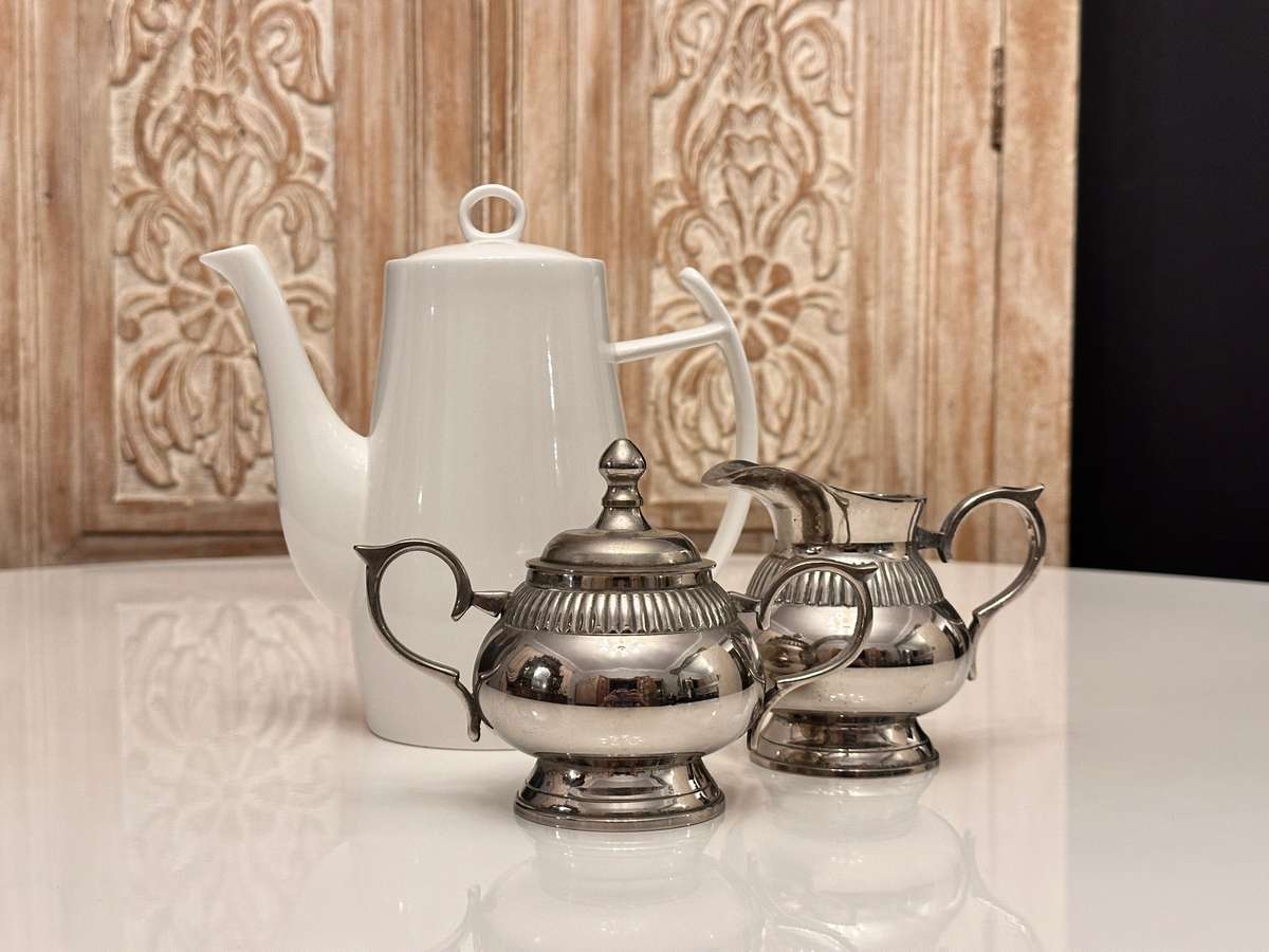 Elegant large teapot with milk and sugar silver-plated set
