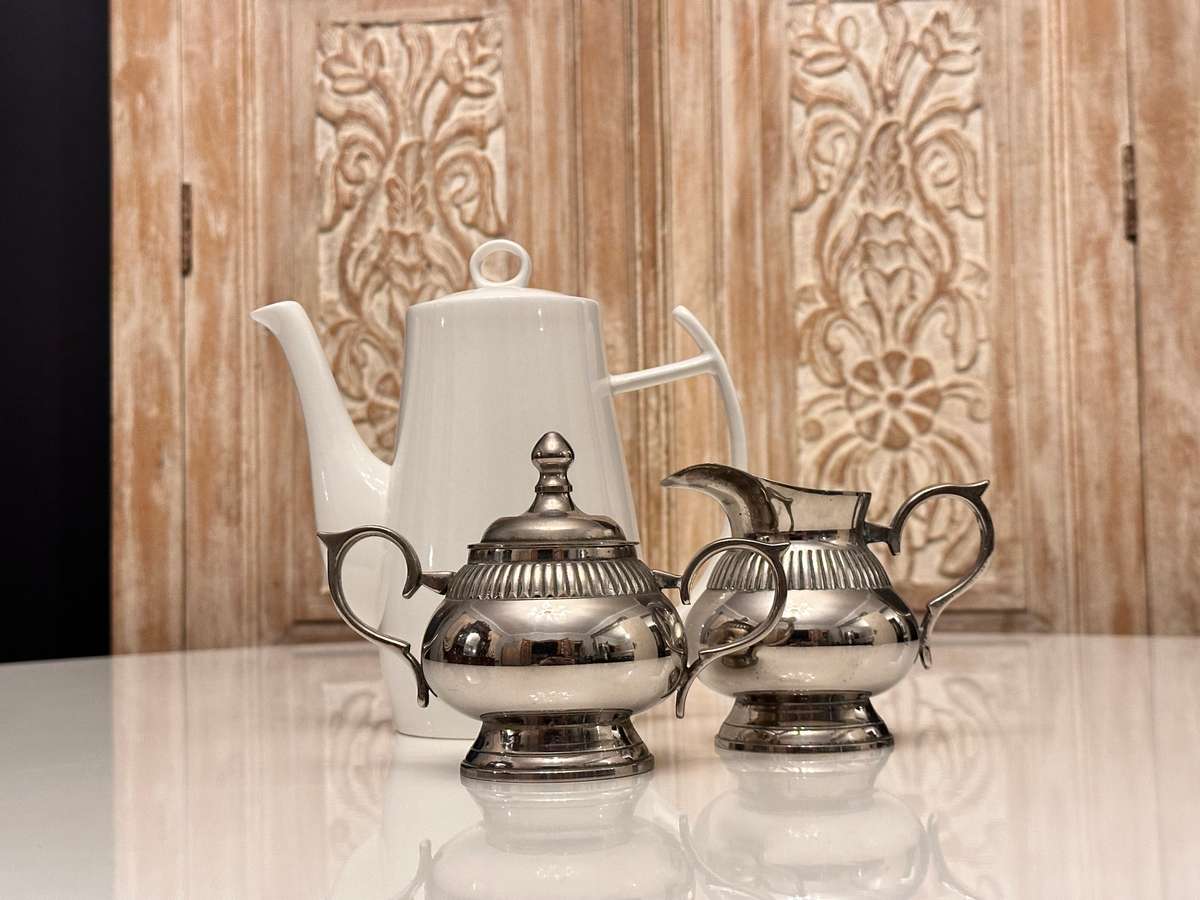 Elegant large teapot with milk and sugar silver-plated set