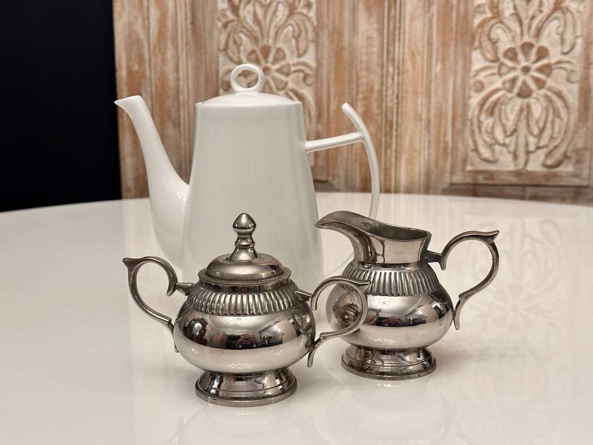 Elegant large teapot with milk and sugar silver-plated set