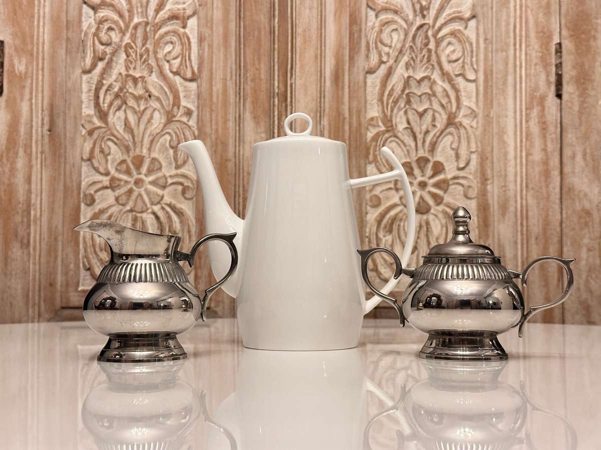 Elegant large teapot with milk and sugar silver-plated set