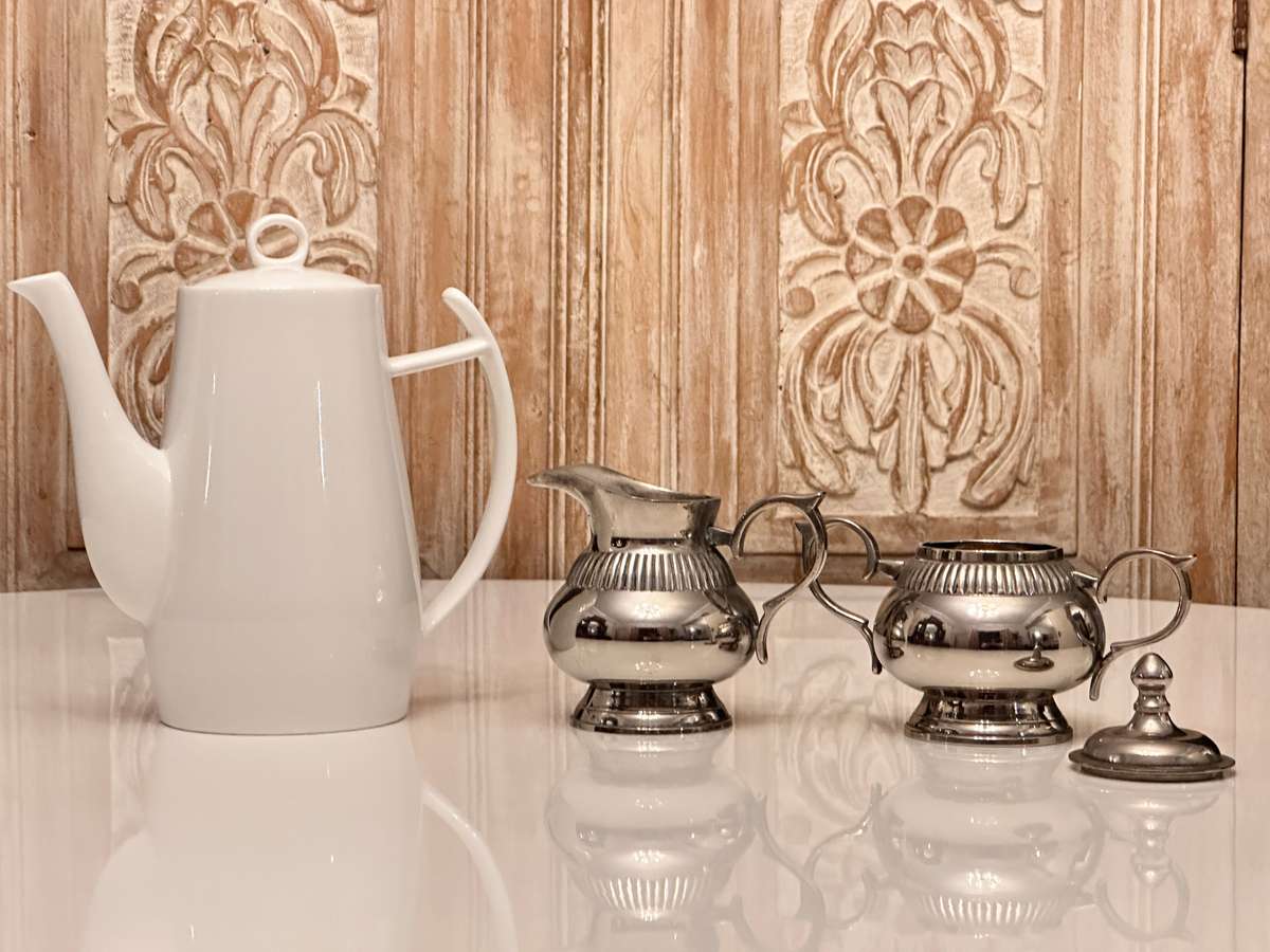 Elegant large teapot with milk and sugar silver-plated set