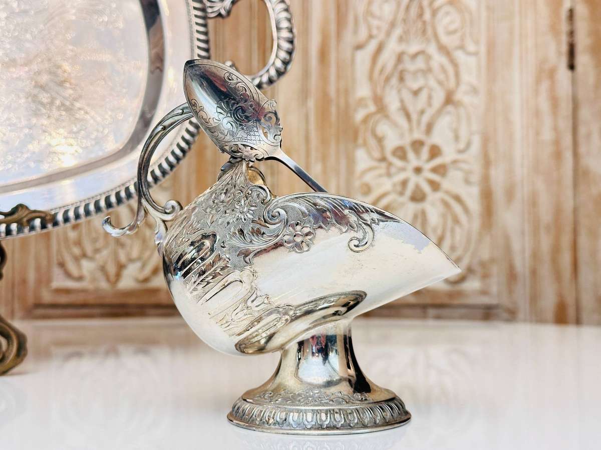 Elegant Vintage Sugar Server with Ornate Detailed Spoon