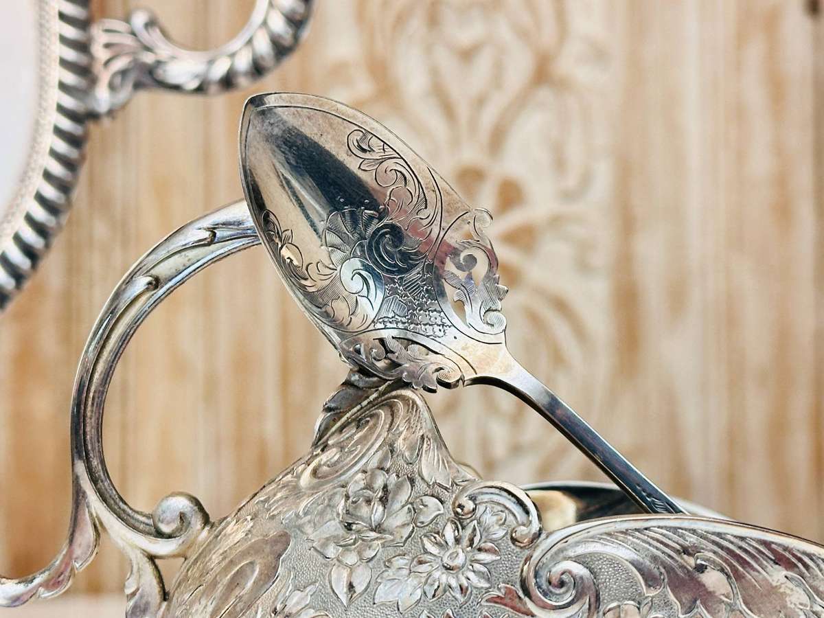 Elegant Vintage Sugar Server with Ornate Detailed Spoon