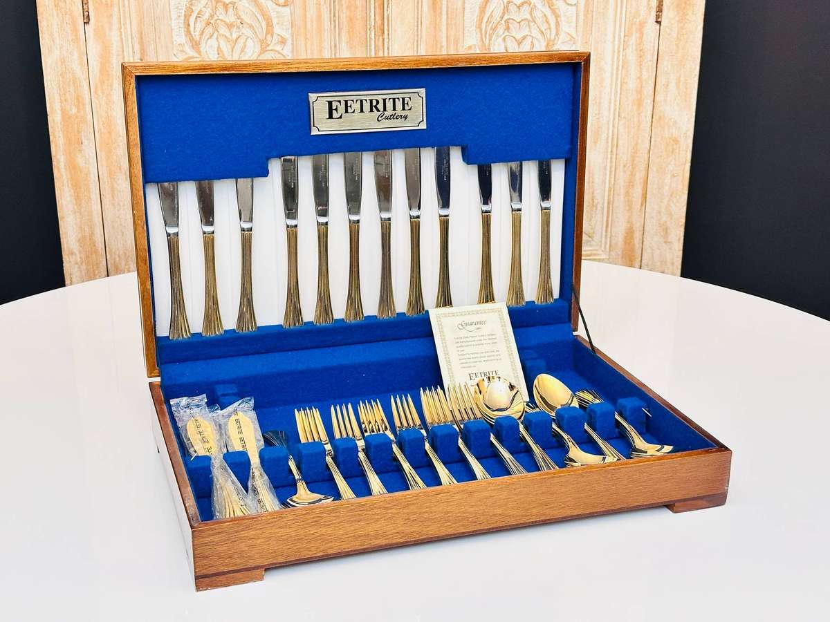 Eetrite 24 Carat Gold Plated Vintage Cutlery Set in Original Wooden Case