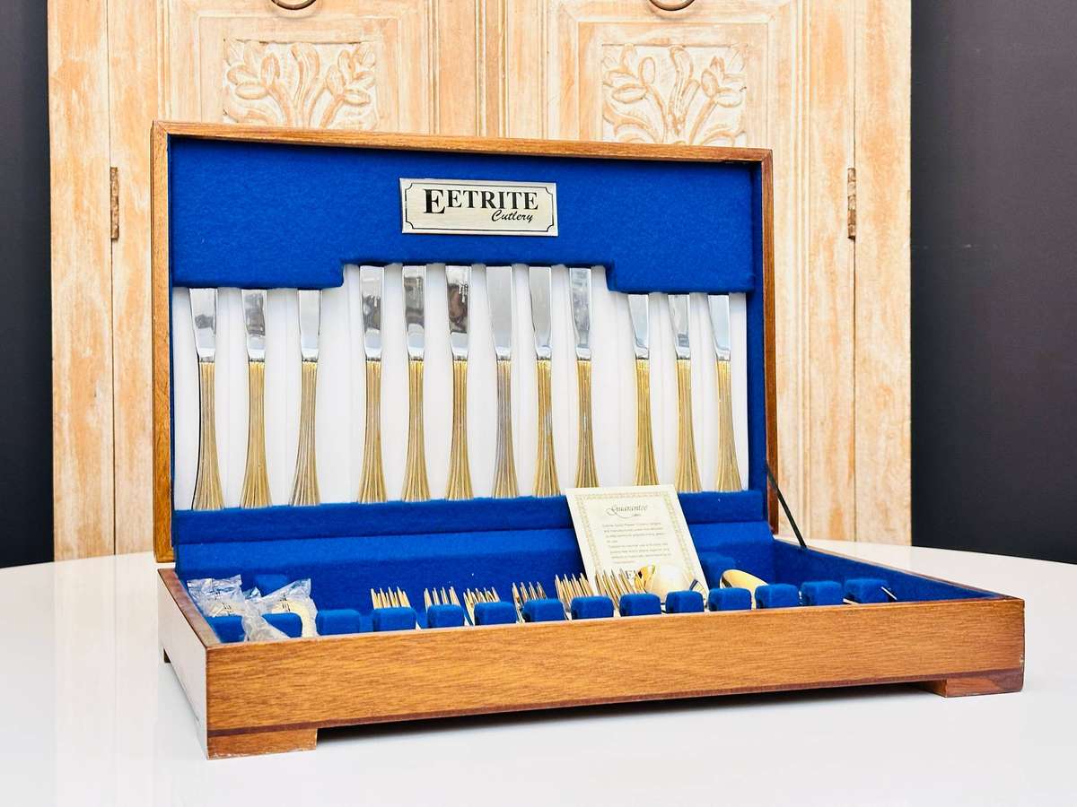Eetrite 24 Carat Gold Plated Vintage Cutlery Set in Original Wooden Case