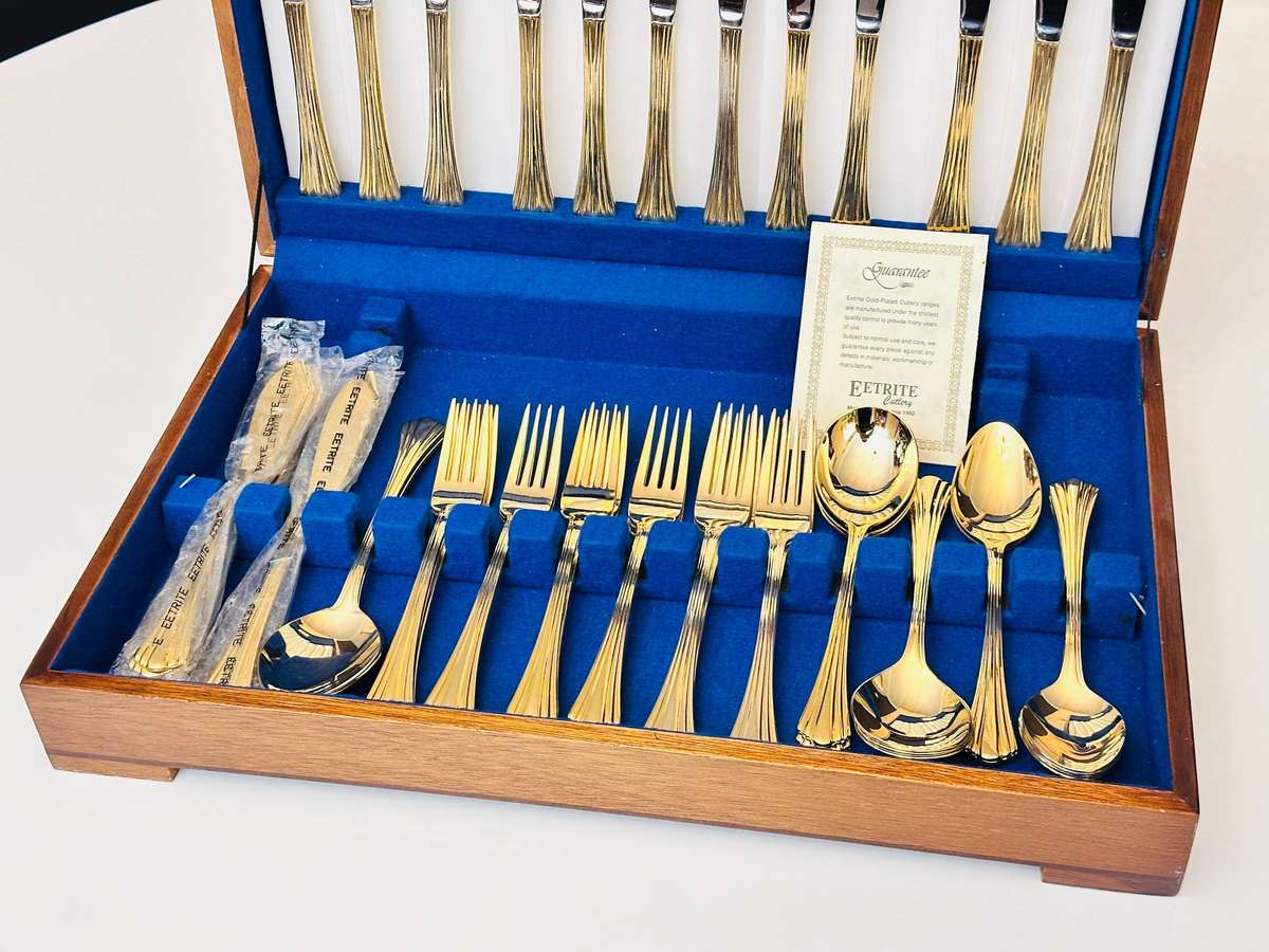 Eetrite 24 Carat Gold Plated Vintage Cutlery Set in Original Wooden Case