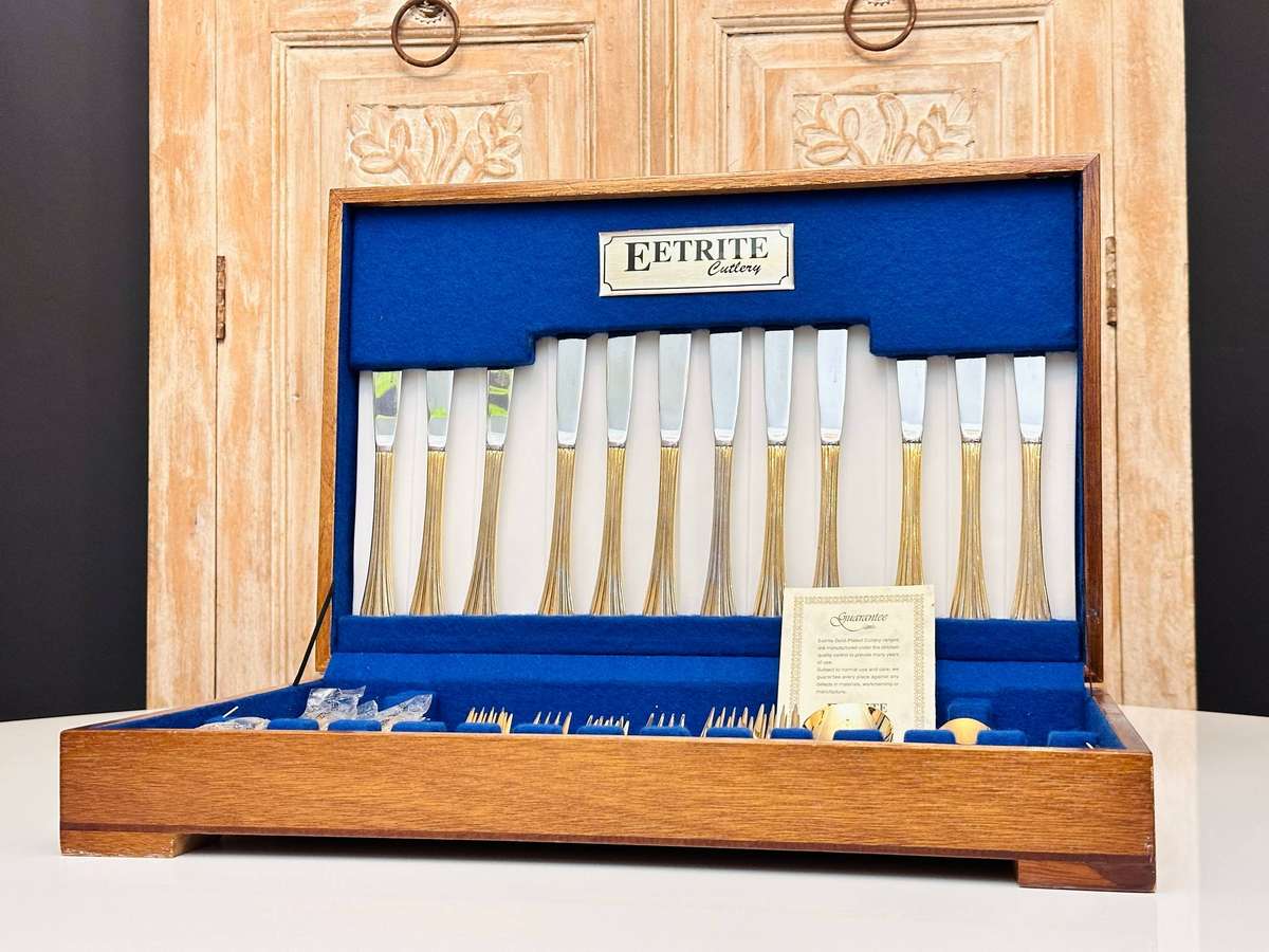 Eetrite 24 Carat Gold Plated Vintage Cutlery Set in Original Wooden Case