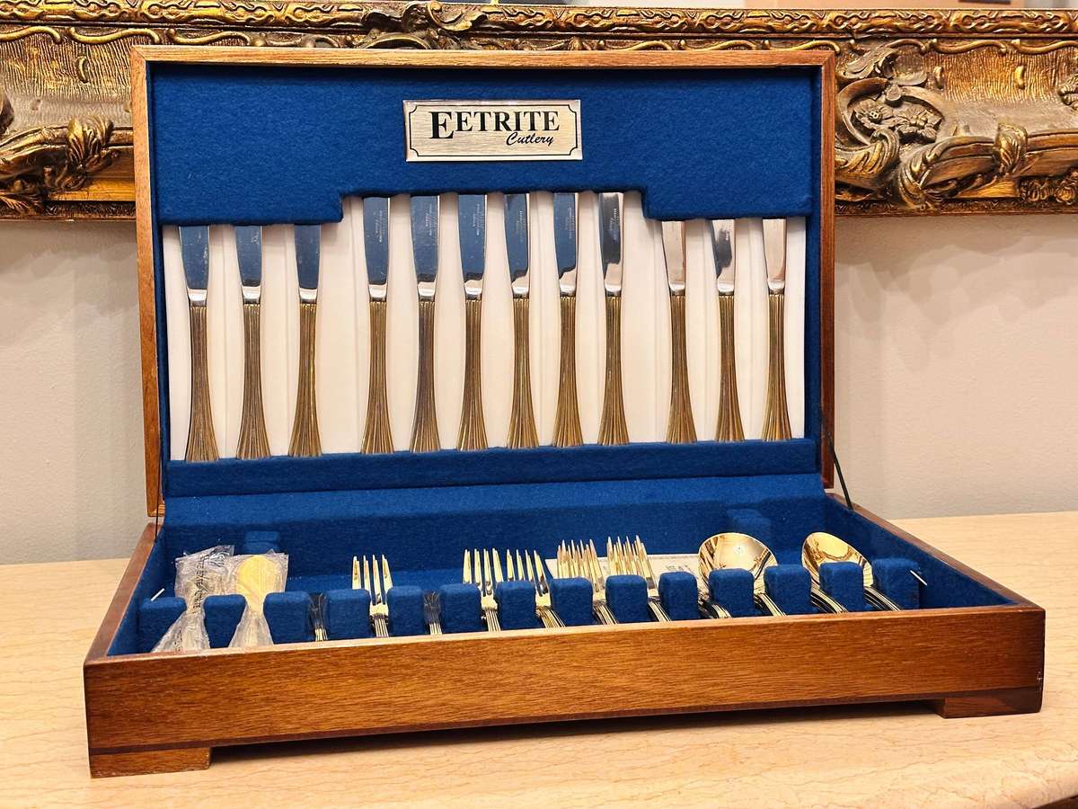 Eetrite 24 Carat Gold Plated Vintage Cutlery Set in Original Wooden Case