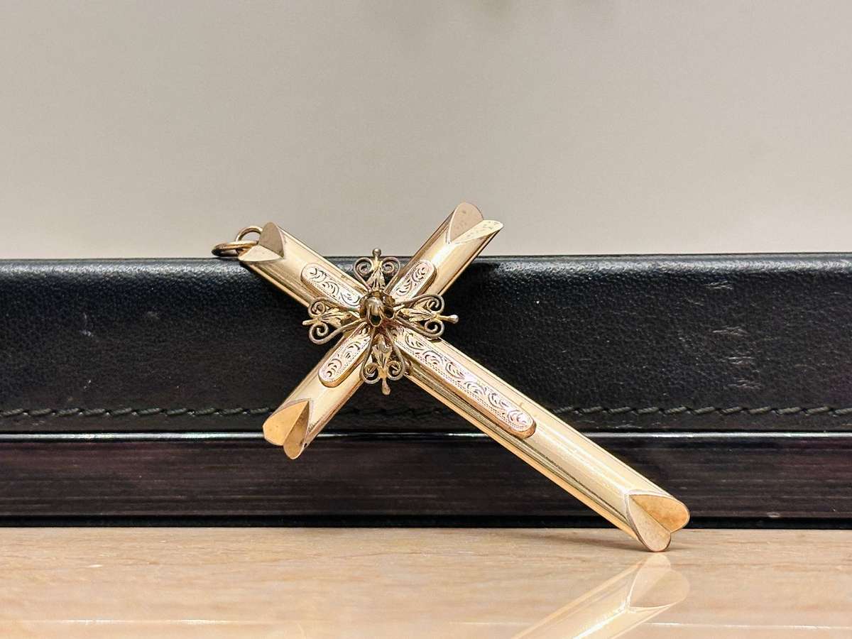 9ct Gold Antique French Statement Cross with Filigree & Pearl