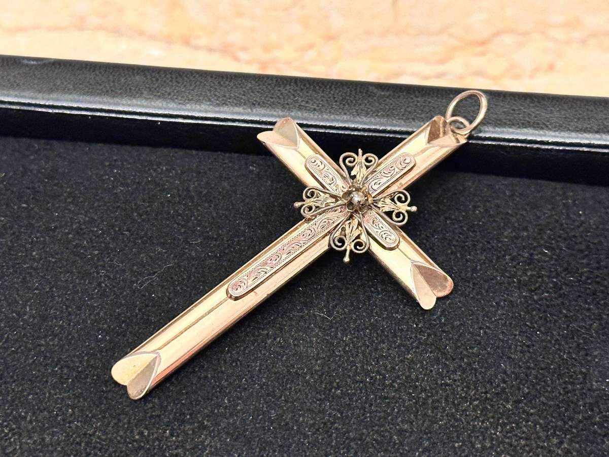 9ct Gold Antique French Statement Cross with Filigree & Pearl