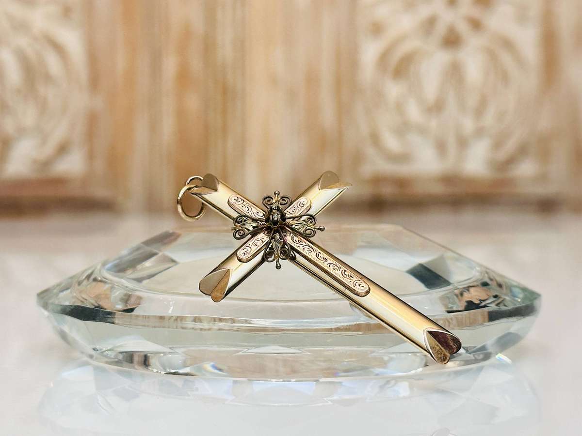 9ct Gold Antique French Statement Cross with Filigree & Pearl