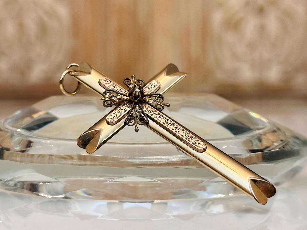 9ct Gold Antique French Statement Cross with Filigree & Pearl