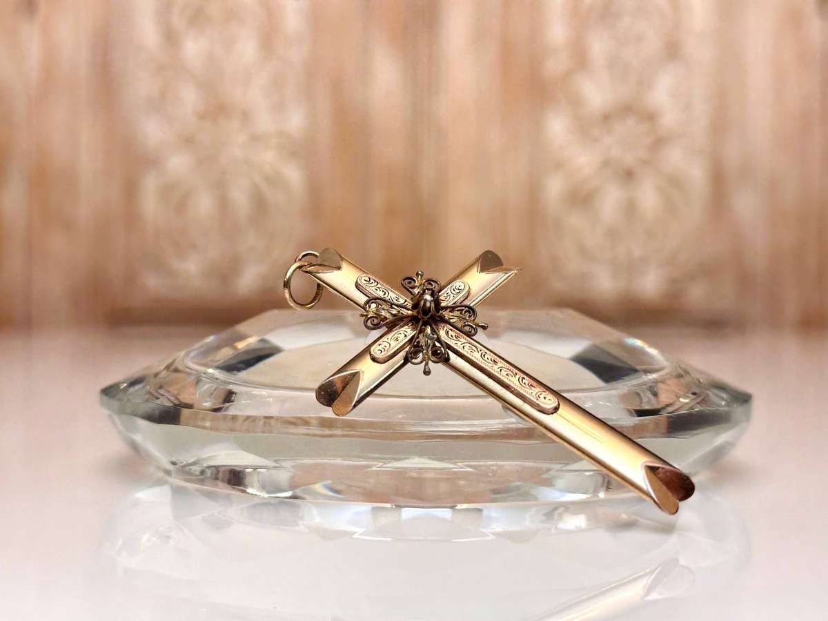 9ct Gold Antique French Statement Cross with Filigree & Pearl