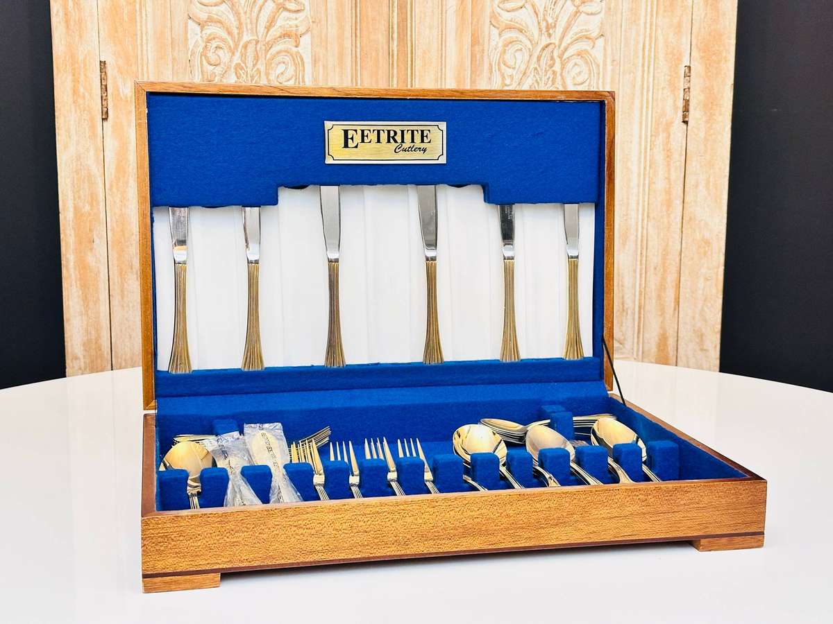 Eetrite 24 Carat Gold Plated Vintage Cutlery Set in Original Wooden Case