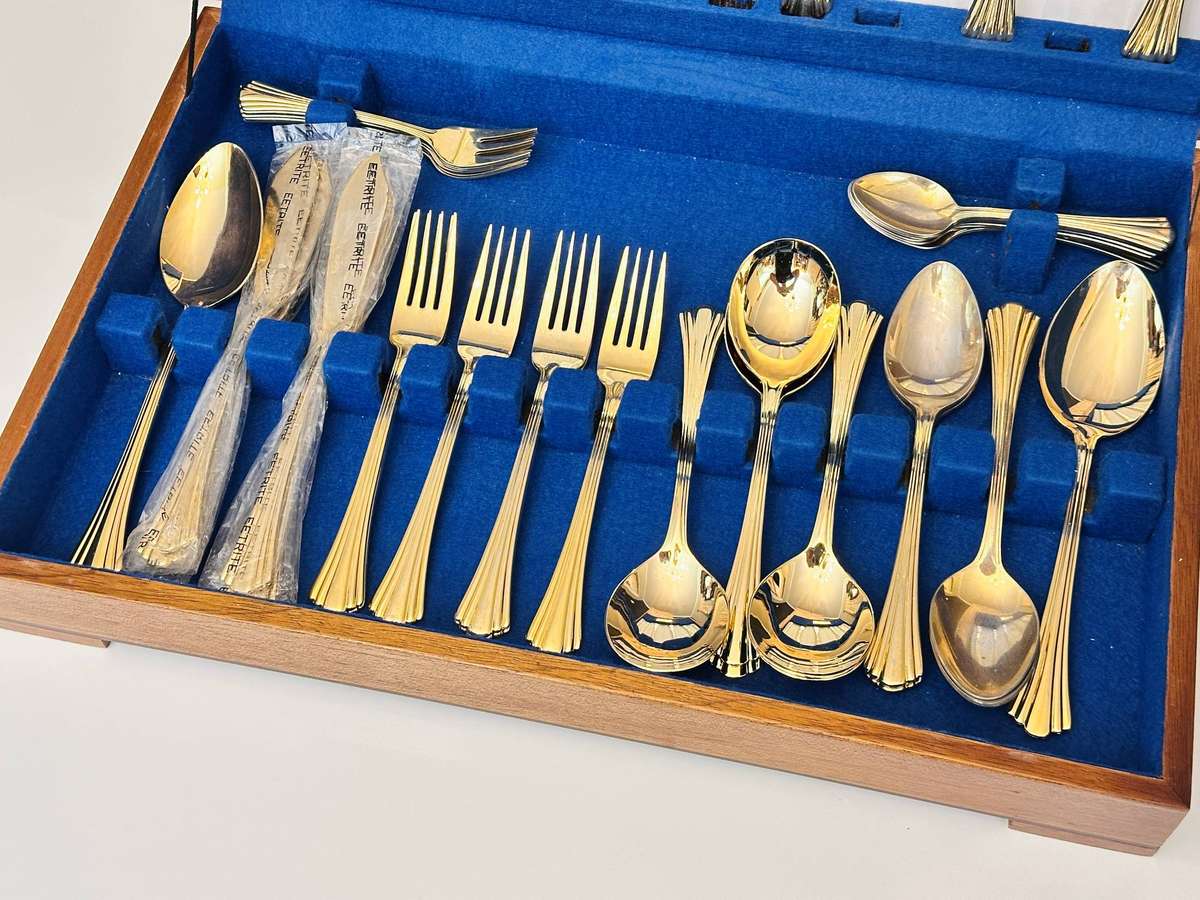 Eetrite 24 Carat Gold Plated Vintage Cutlery Set in Original Wooden Case