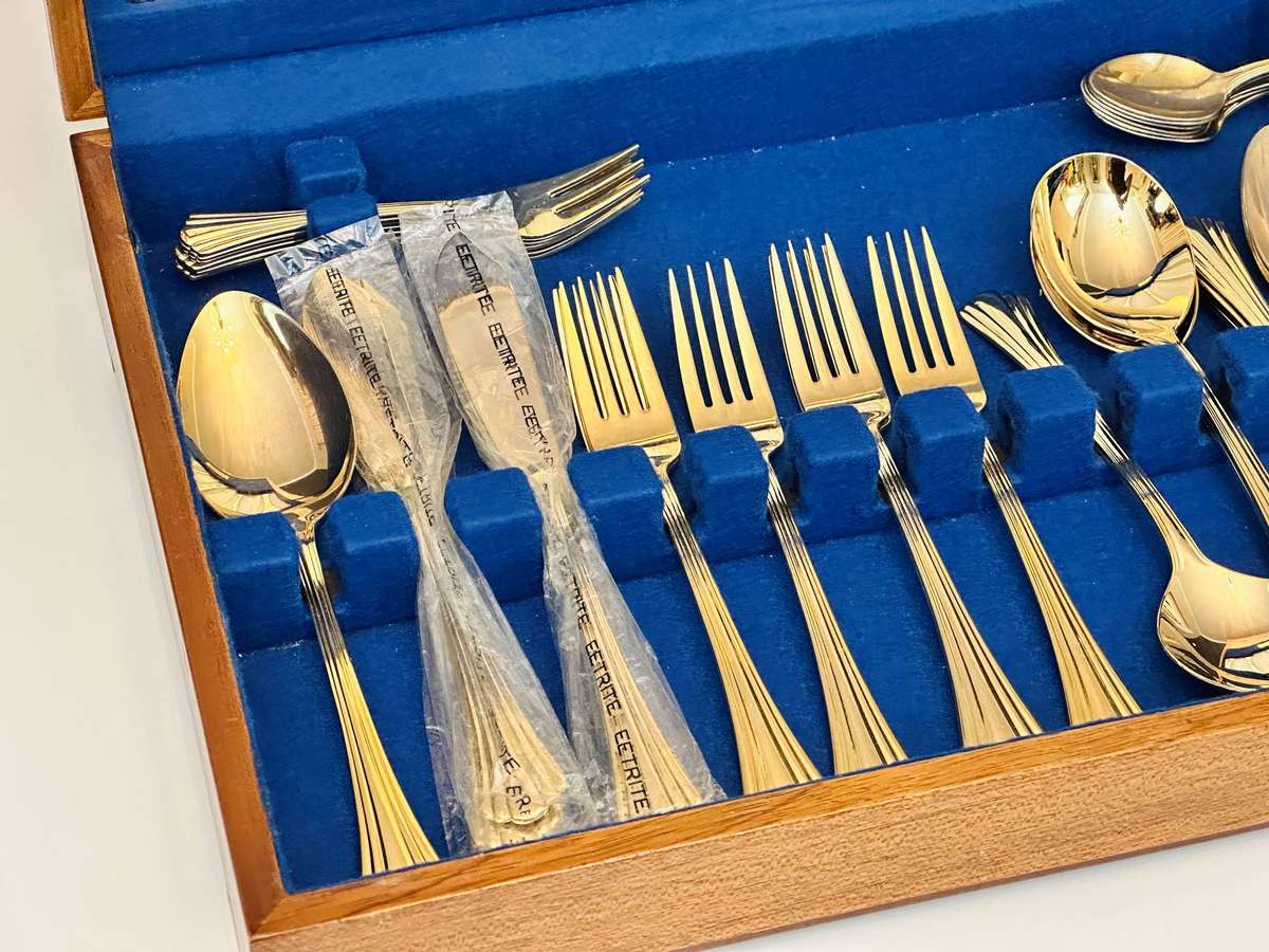 Eetrite 24 Carat Gold Plated Vintage Cutlery Set in Original Wooden Case