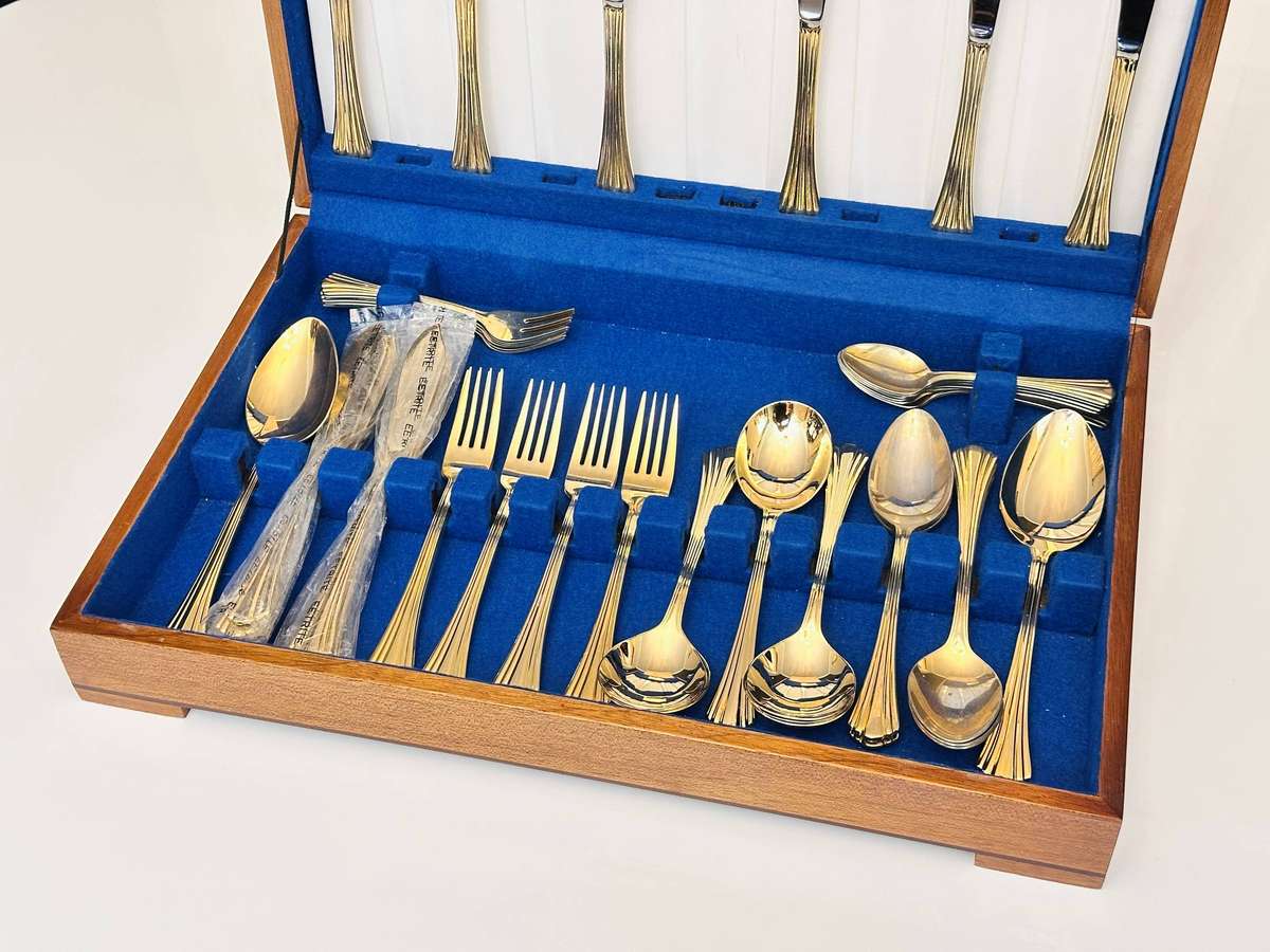 Eetrite 24 Carat Gold Plated Vintage Cutlery Set in Original Wooden Case