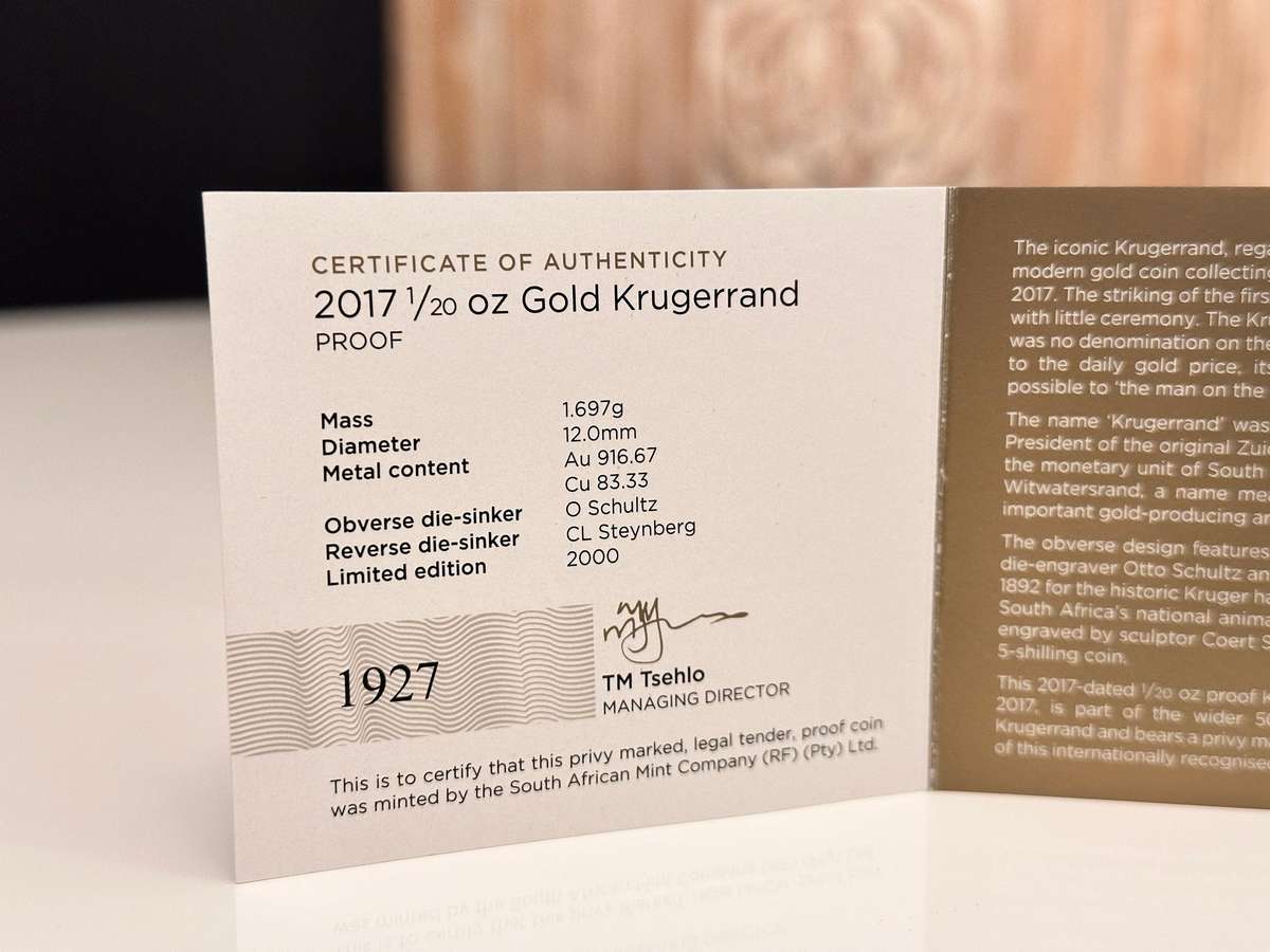 2017 1/20 oz Gold Krugerrand Proof No 1927 of 2000 - 50th Anniversary in SA Mint Box & Certificate