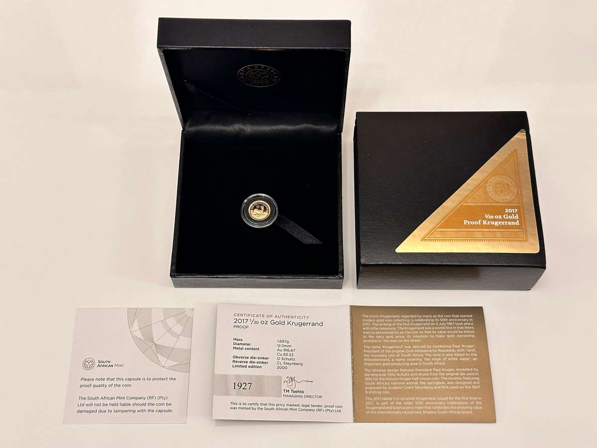 2017 1/20 oz Gold Krugerrand Proof No 1927 of 2000 - 50th Anniversary in SA Mint Box & Certificate