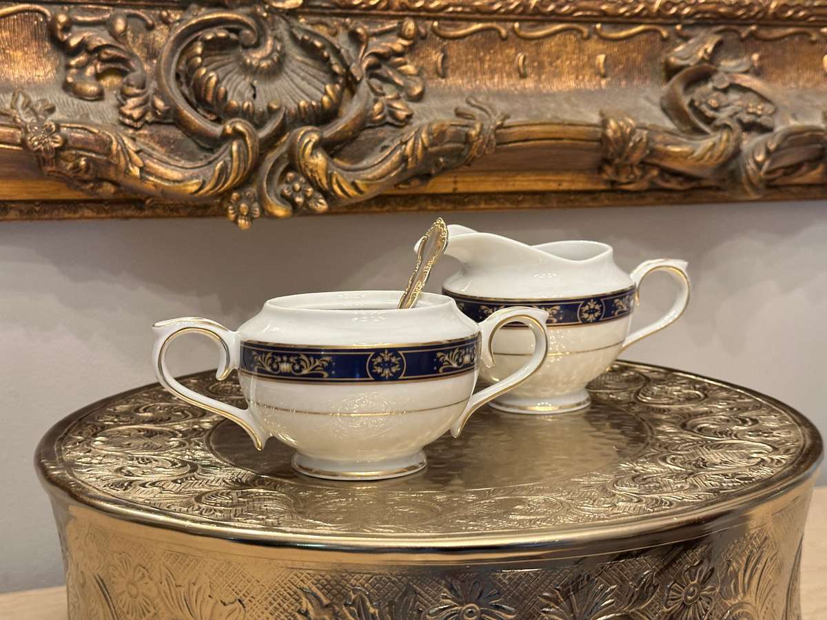 Exquisite ROYAL AVON Impero Blue Sugar & Creamer Set