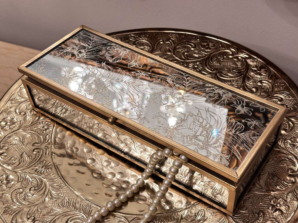 Exquisite Ornate Etched Mirror Jewellery Box