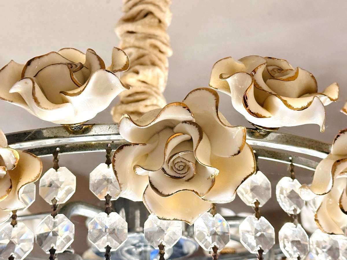 Exquisite Italian Porcelain Rose Crystal Large Statement Chandelier