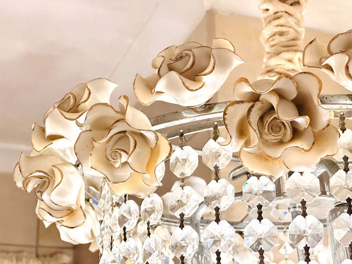 Exquisite Italian Porcelain Rose Crystal Large Statement Chandelier