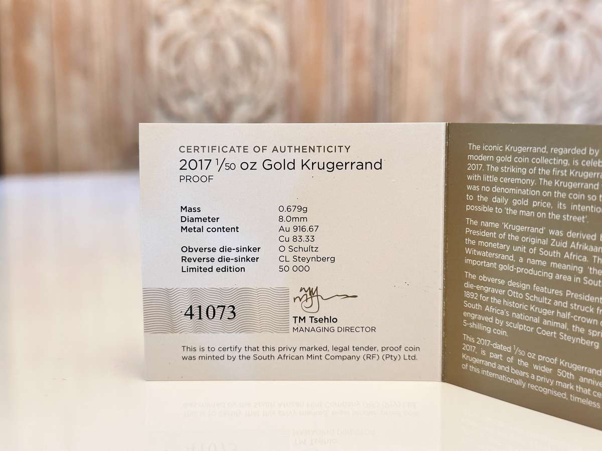 2017 1/50 oz Gold Krugerrand Proof with SA Mint Box & Certificate - 50th Anniversary
