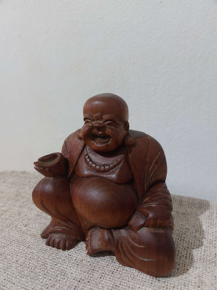 Vintage carved wood laughing Buddha statue