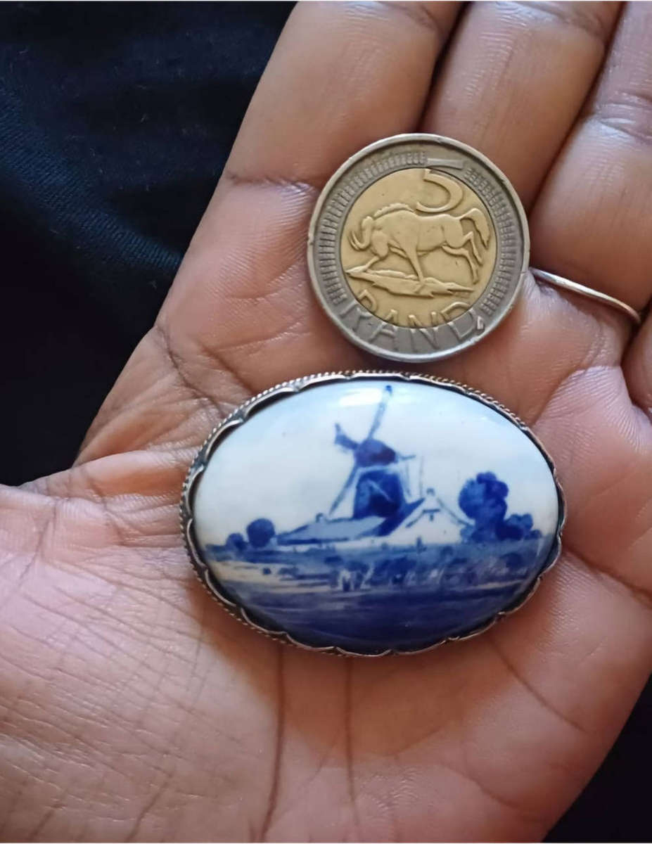 Vintage Sterling Silver Delft Brooch