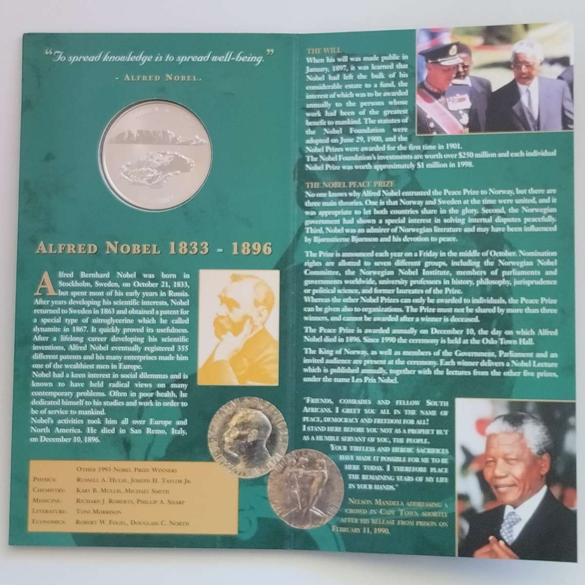 1993 Mandela Noble Peace Prize Commemorative Medal #C0039