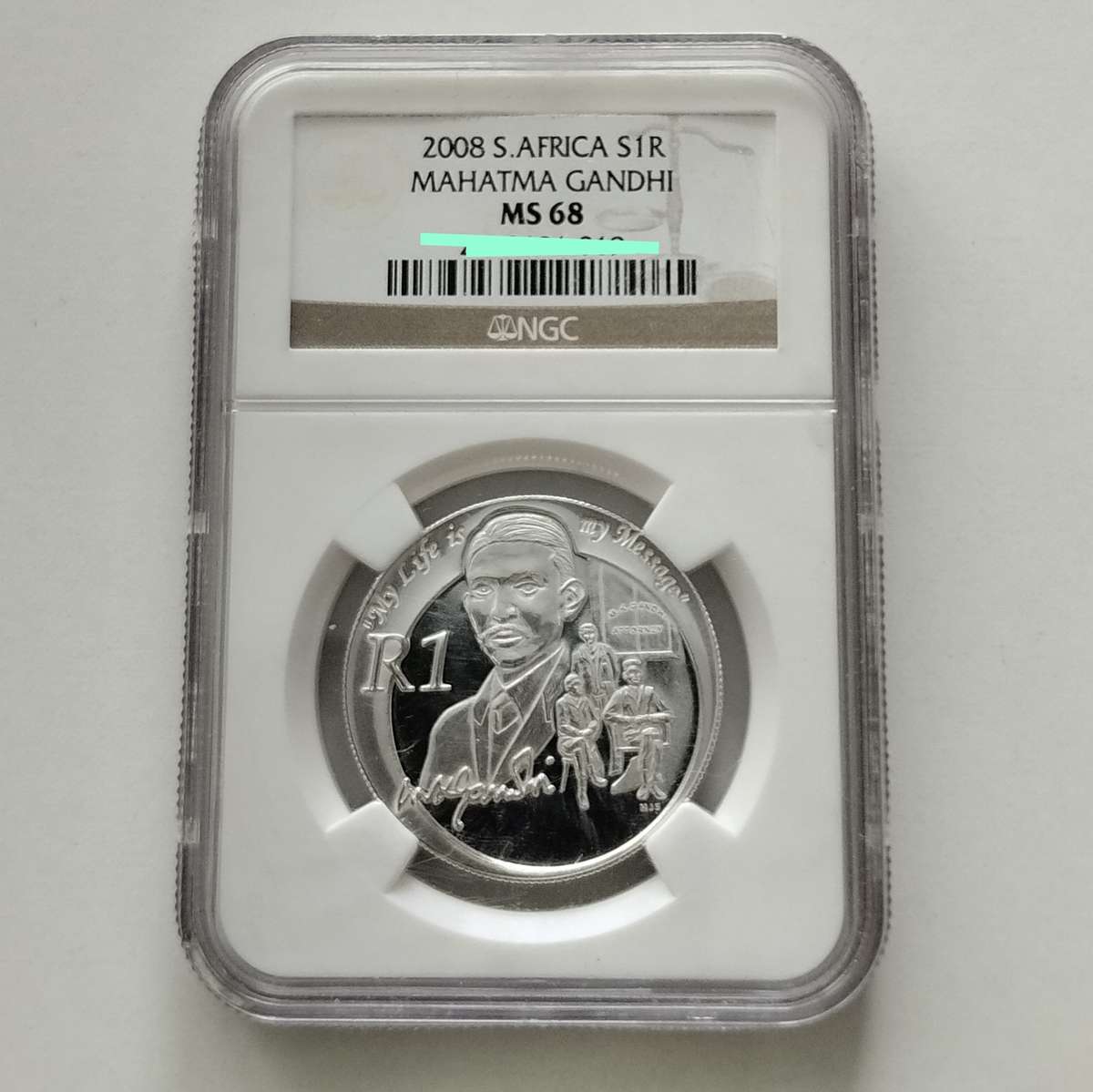 2008 Gandhi Silver One Rand NGC MS68 #C0125
