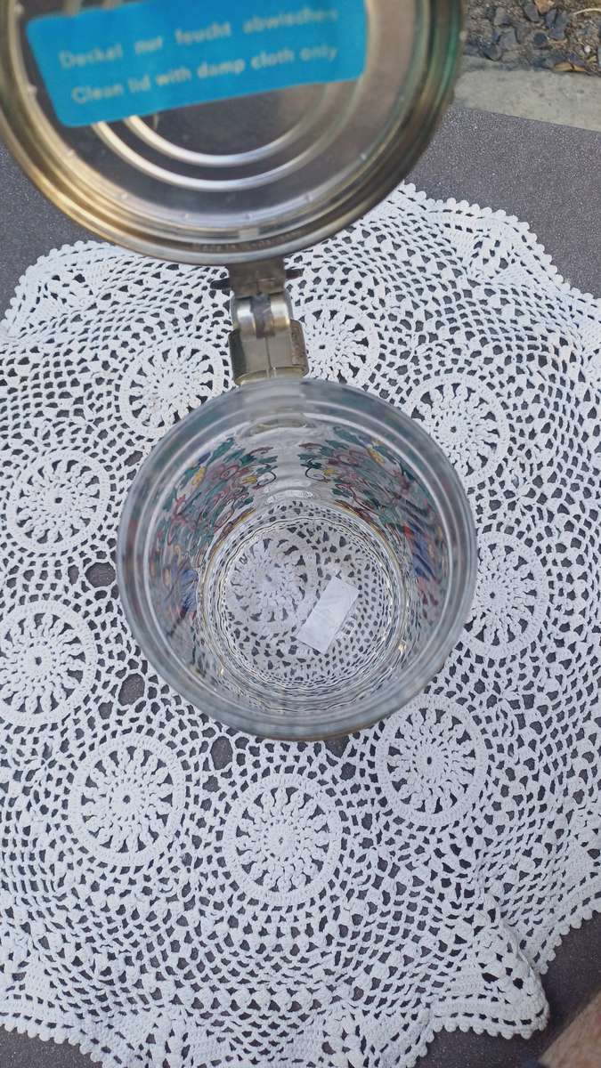 Vintage Glass Beer Stein Mug W/ Pewter Lid & Music Box Handpainted Lion Crest